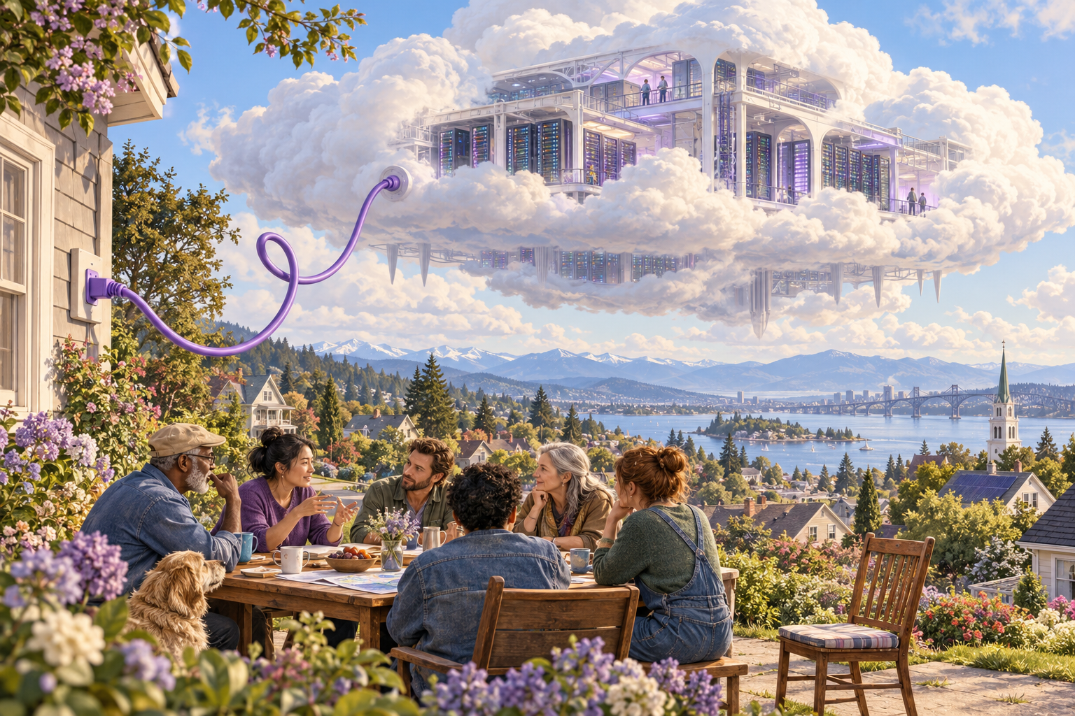 A surreal server cloud plugged into a neighborhood home while residents gather around a table