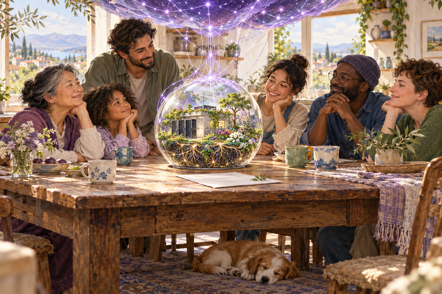 An imagined constellation descends into a glass globe containing servers and a garden as neighbors gather at a kitchen table, with a sleeping puppy below