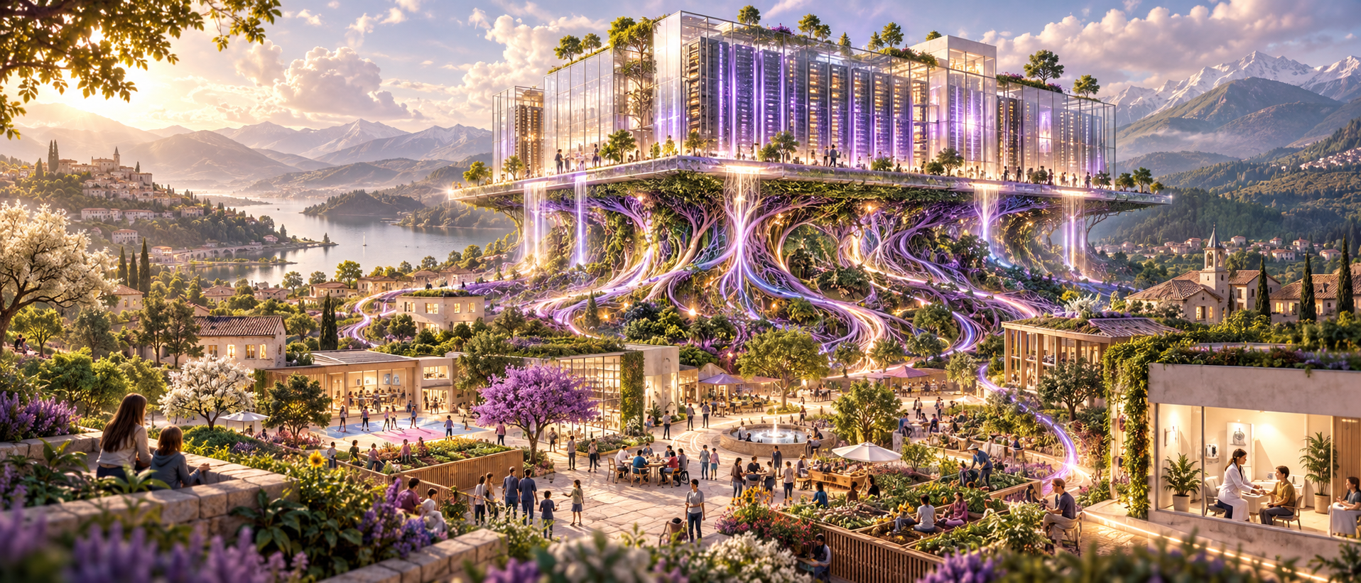 An imagined glass data center with luminous roots connecting a town, gardens, school and clinic