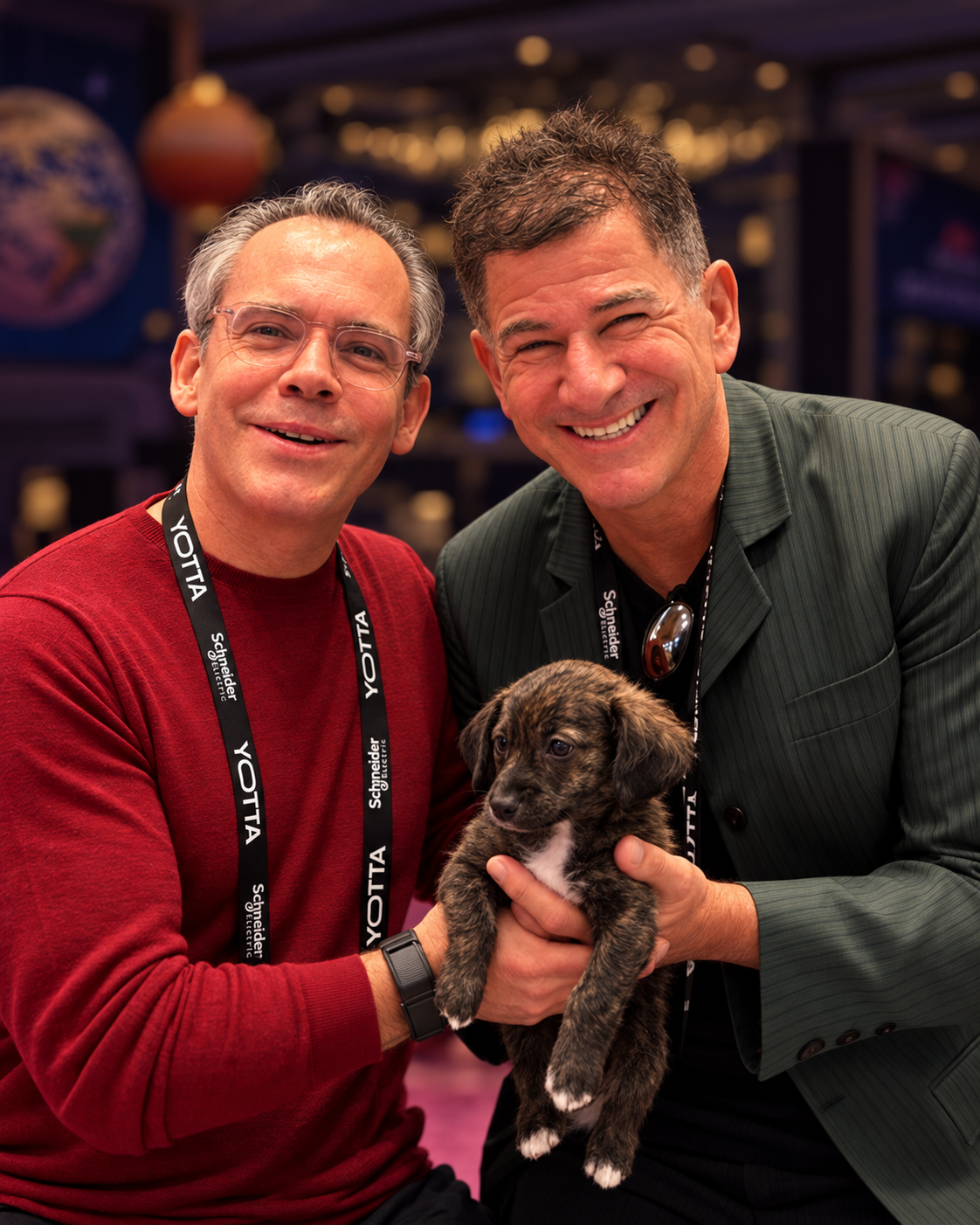 Tony Greenberg and George Rockett holding a puppy at YOTTA